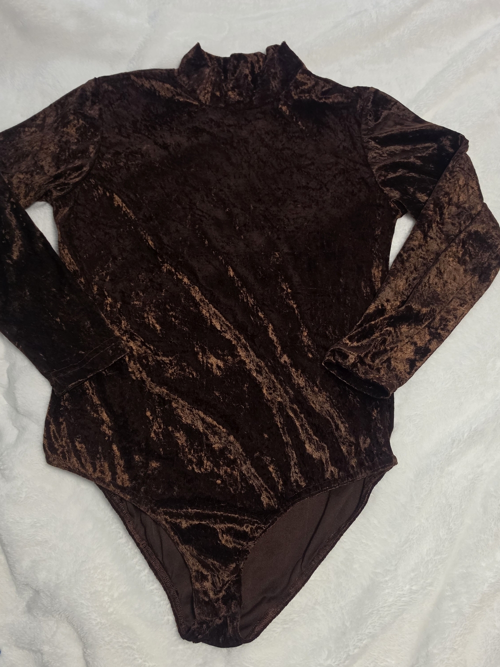 Crushed Velvet Long-Sleeve Bodysuit - Chocolate Brown